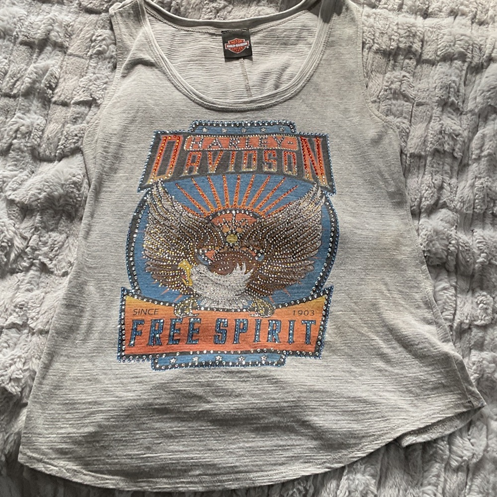 Harley-Davidson Gray Tank Top with Orange & Blue Eagle Graphic
